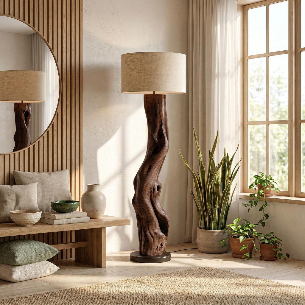 Modern Sculptural Wooden Standing Lamp For Bedroom And Corner