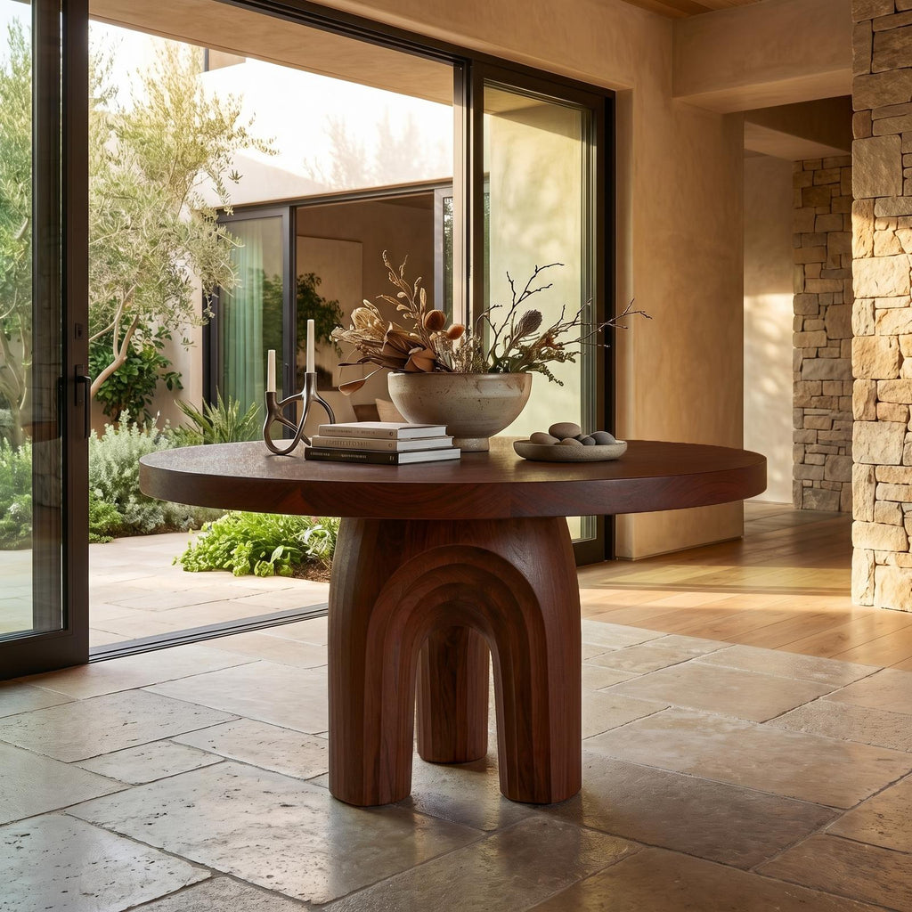 Modern Luxury Sculptural Round Foyer Table, Solid Wood Art Deco Pedestal Entry Table for Lobby, Hallway