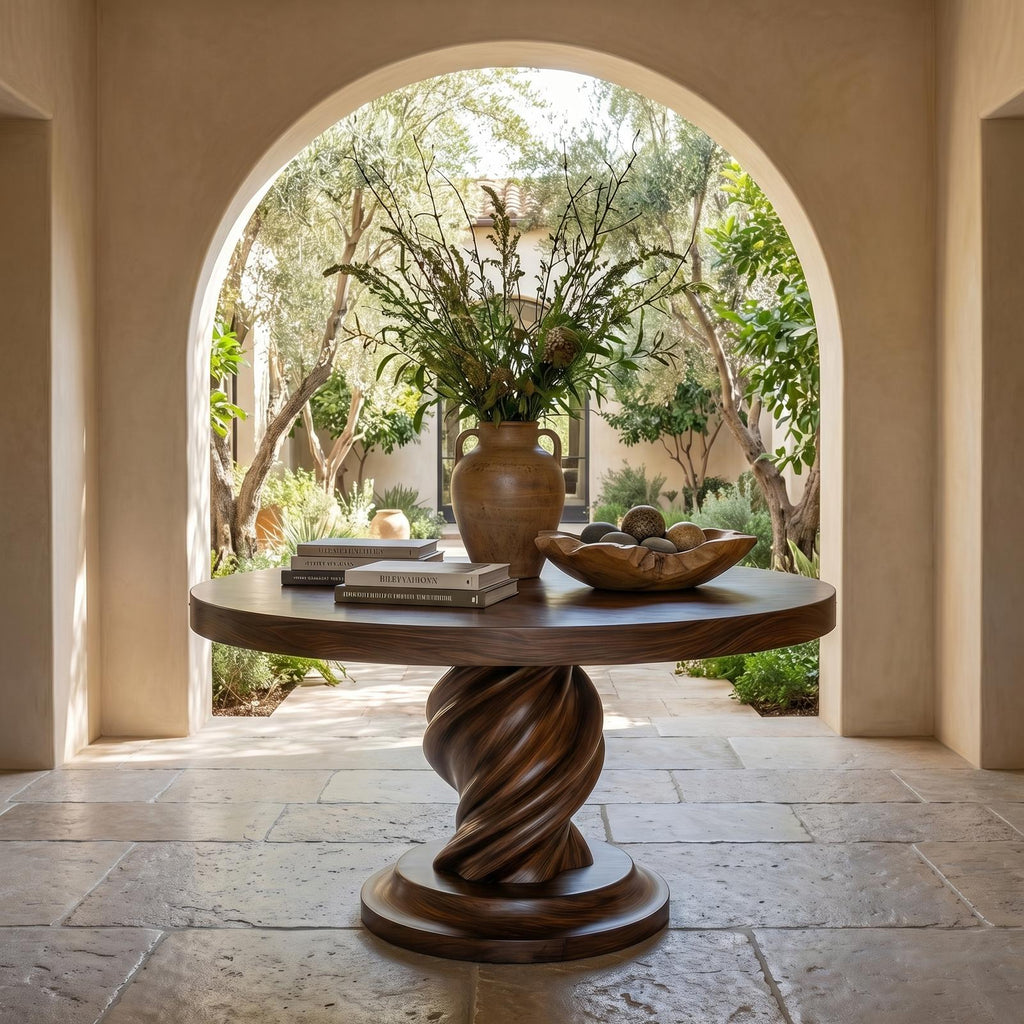 Modern Luxury Spiral Round Foyer Table, Solid Wood Twisted Pedestal Entryway Accent Table for Lobby