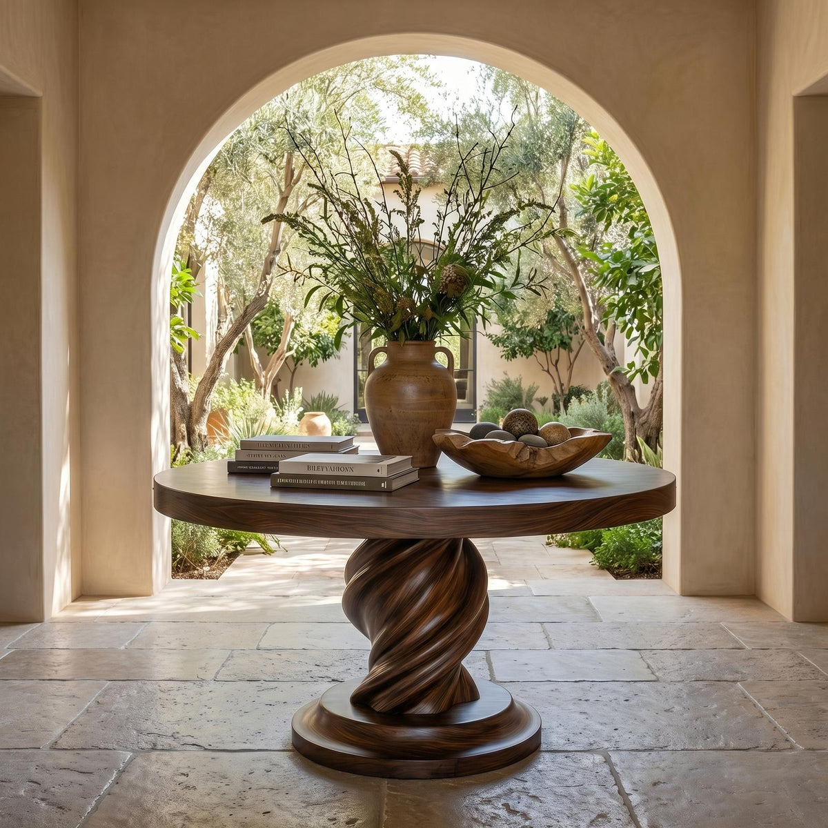 Modern Luxury Spiral Round Foyer Table, Solid Wood Twisted Pedestal Entryway Accent Table for Lobby