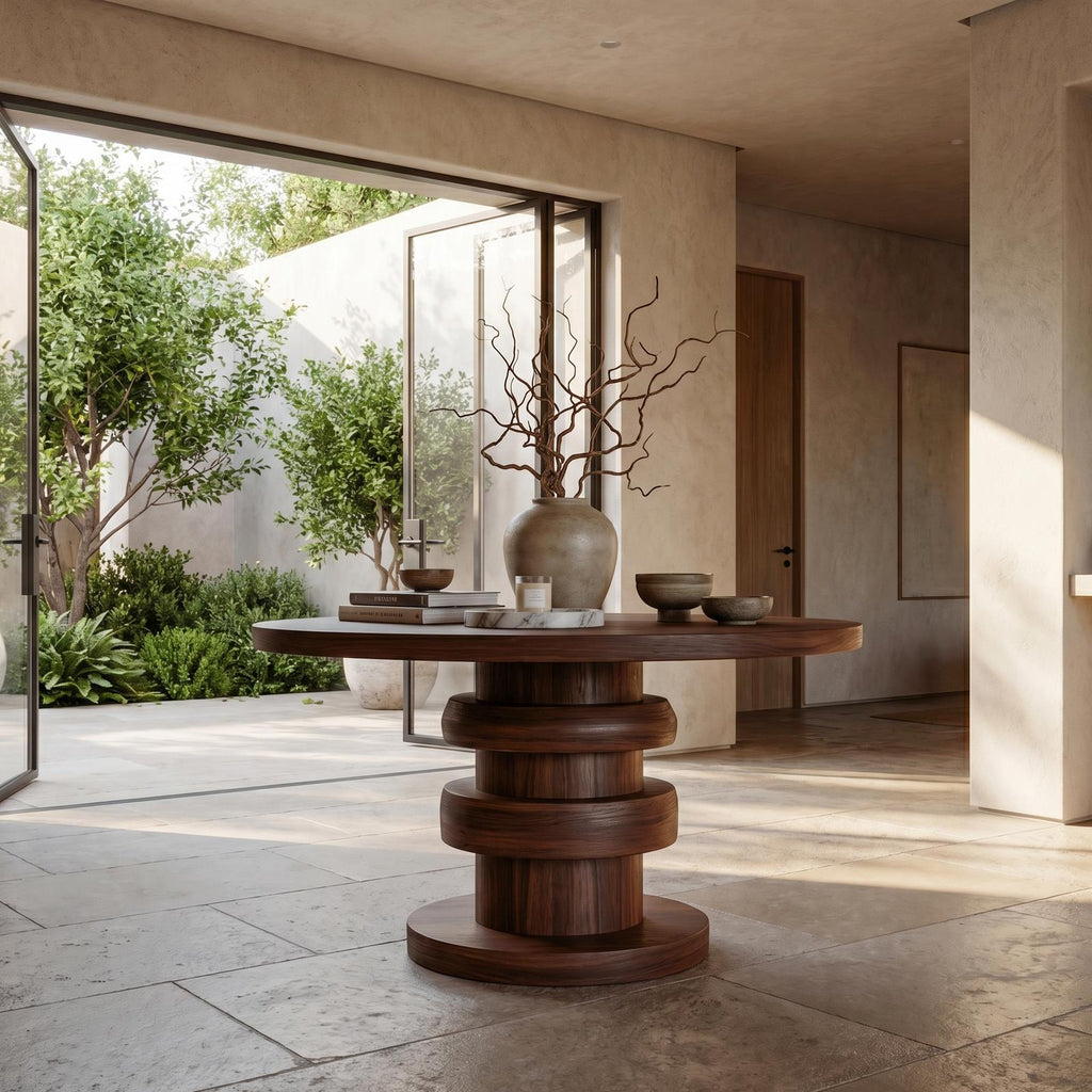 Modern Luxury Architectural Round Foyer Table, Solid Wood Sculptural Pedestal Entry Table for Lobby