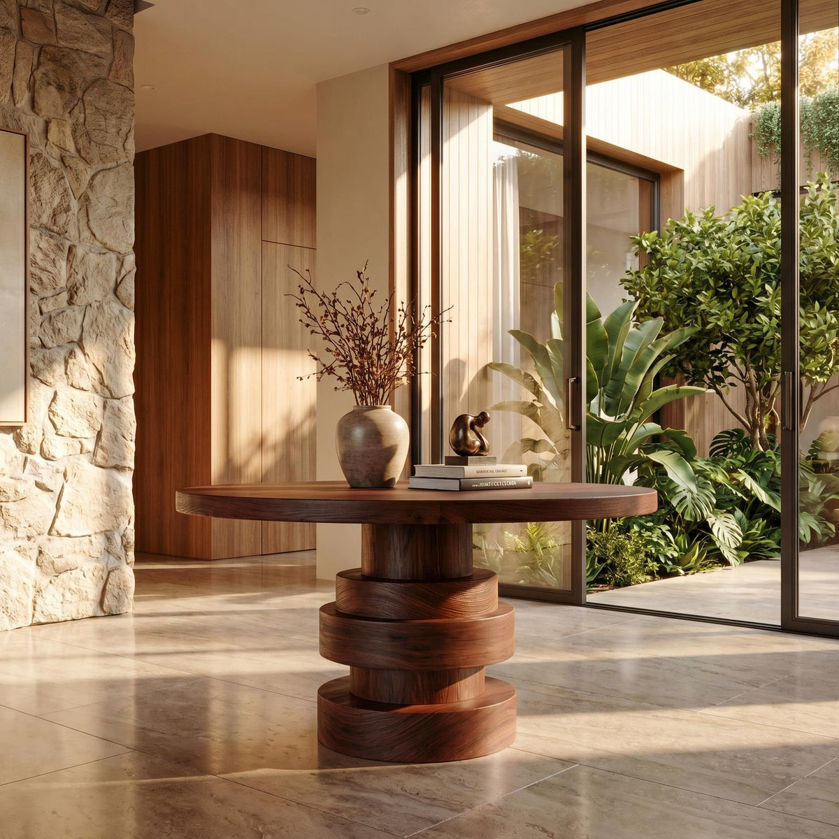 Modern Luxury Stacked Base Round Entryway Table, Solid Wood Architectural Foyer Pedestal Accent Table