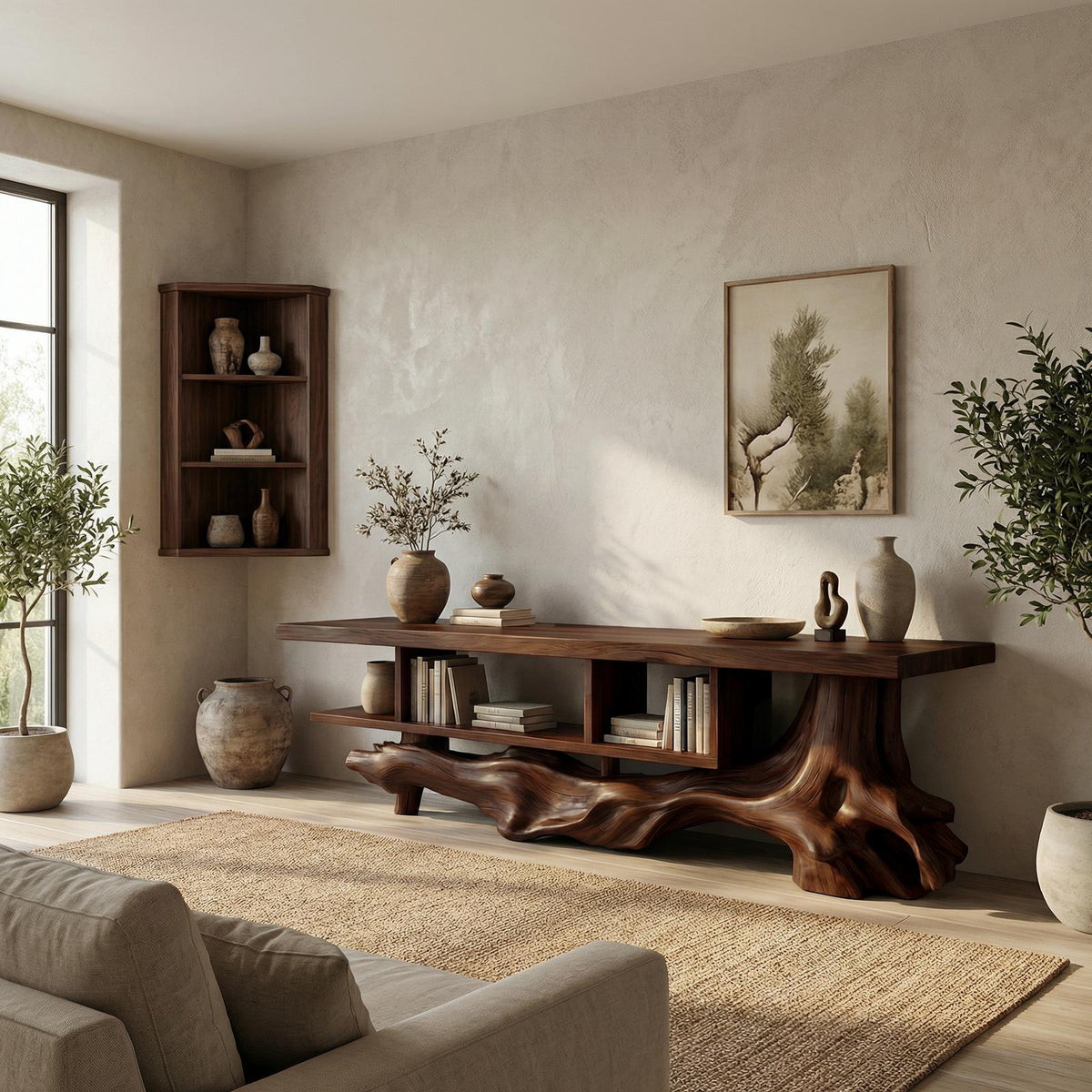 Rustic Solid Wood Display Shelf, Designer Open Bookcase & Multi-Tier Shelving Unit for Living Room, Hallway