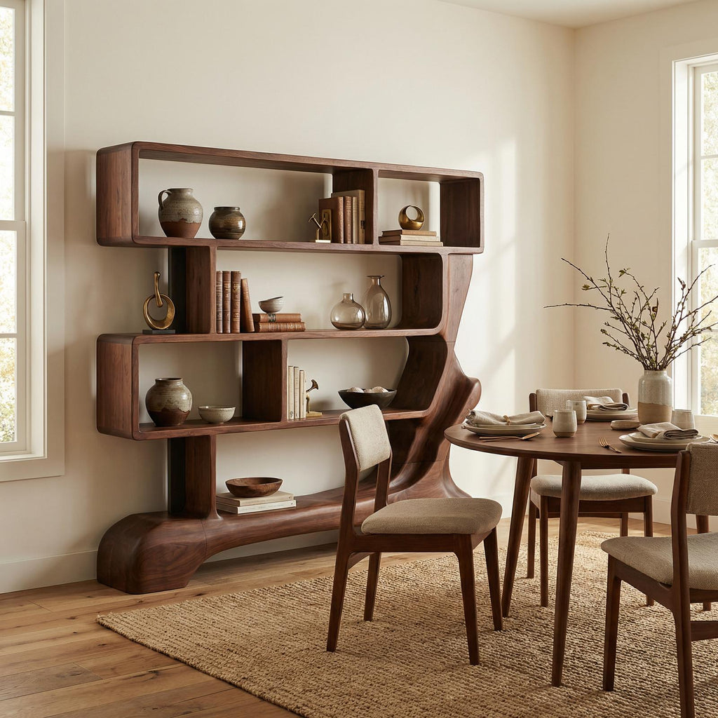Organic Sculptural Bookshelf, Solid Wood Curved Tree Branch Bookcase, Decorative Display Shelf for Office