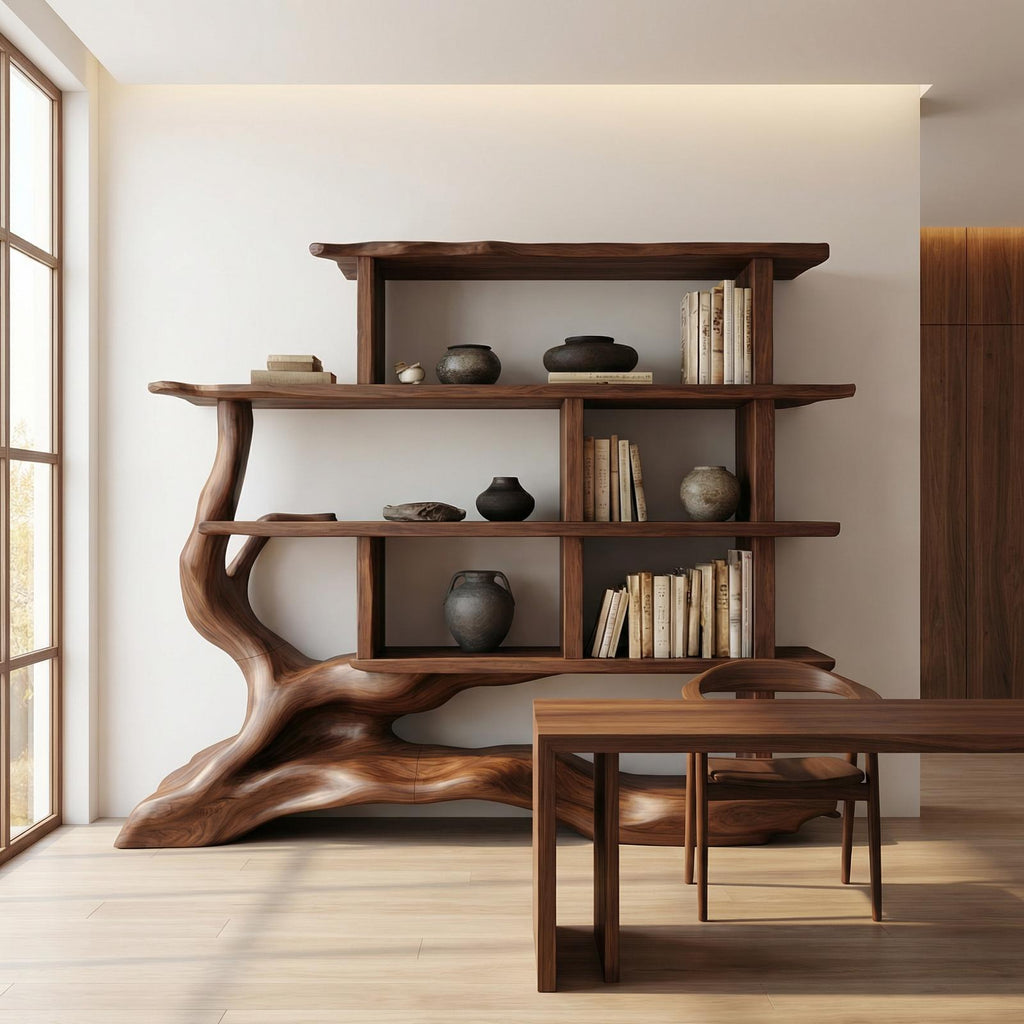 Unique Designer Bookshelf, Solid Wood Sculptural Multi-Tier Bookcase & Display Shelf for Living Room, Office