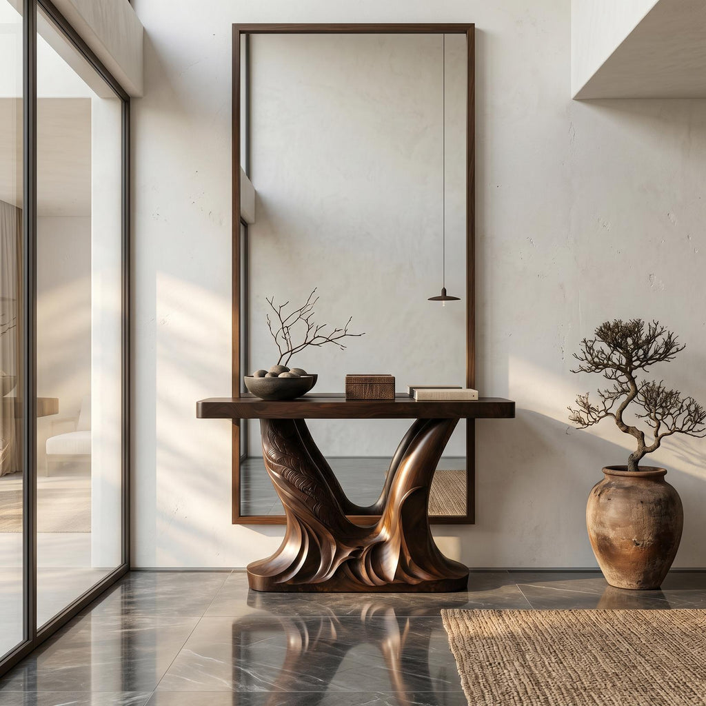 Organic Console Table, Sculptural Double Pedestal Base Solid Wood Entryway Sofa Table for Hallway & Foyer