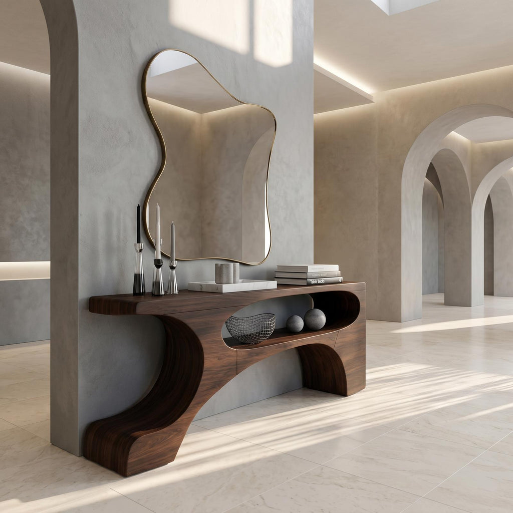 Contemporary Console Table, Organic Pedestal Base Solid Wood Entryway Table, Unique Sofa Table for Foyer