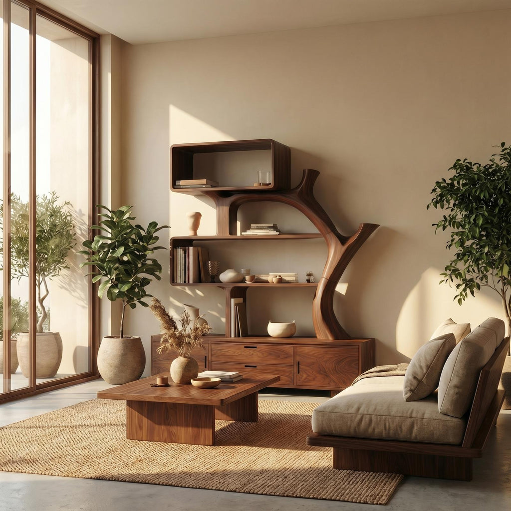 Sculptural Solid Wood Display Shelf with Storage, Modern Bookcase & Bookshelf Unit for Living Room Decor