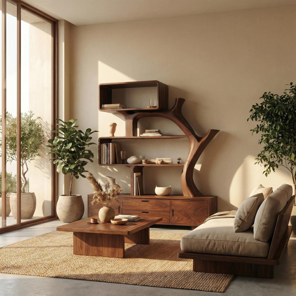 Sculptural Solid Wood Display Shelf with Storage, Modern Bookcase & Bookshelf Unit for Living Room Decor