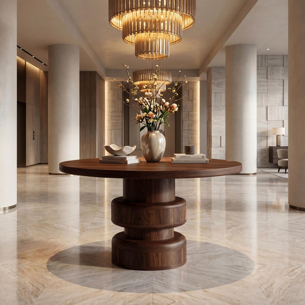 Sculptural Round Entryway Table, Solid Wood Modern Geometric Pedestal Foyer Table, Living Room Accent Stand