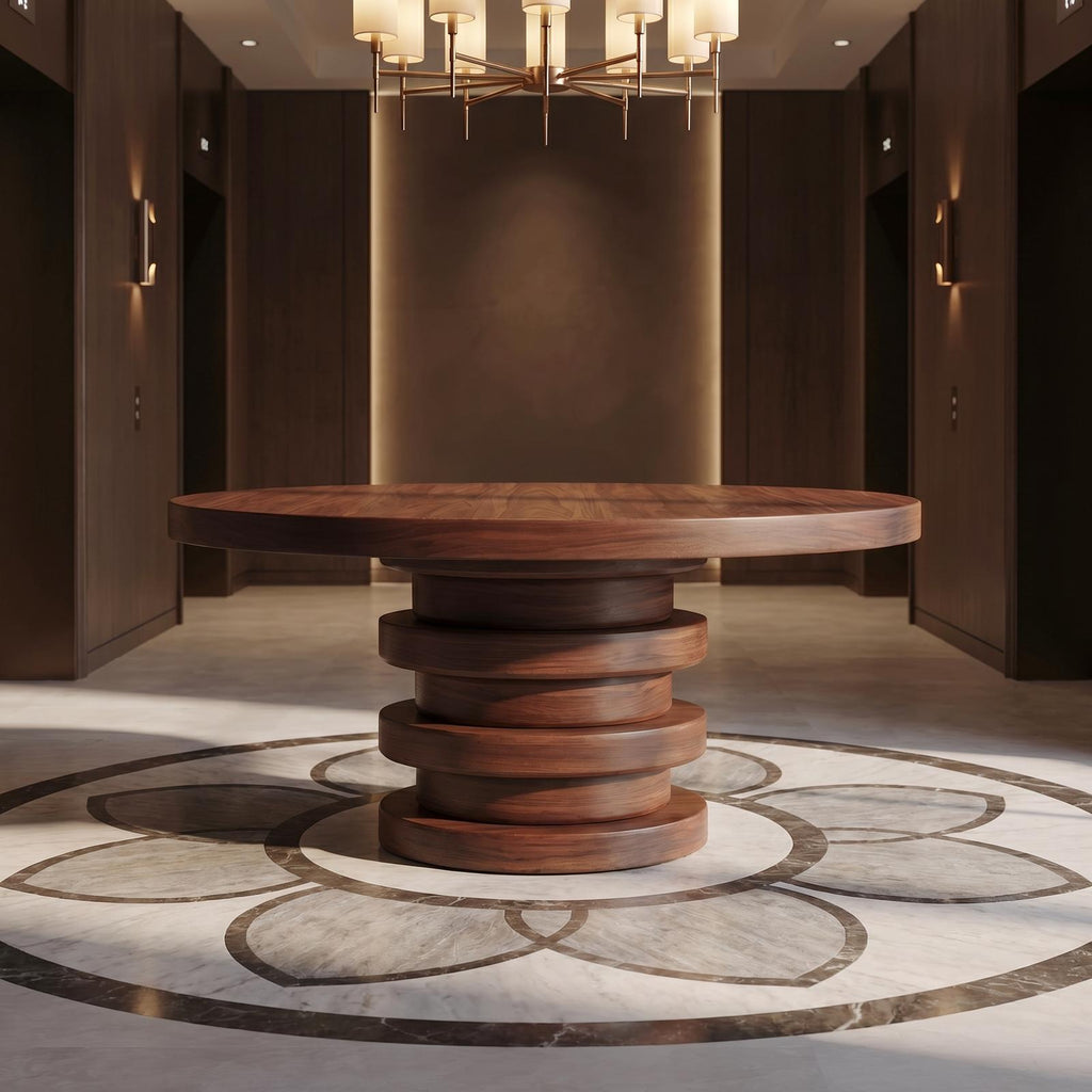 Modern Luxury Round Entryway Table, Solid Wood Architectural Pedestal Foyer Accent Table for Lobby, Hallway