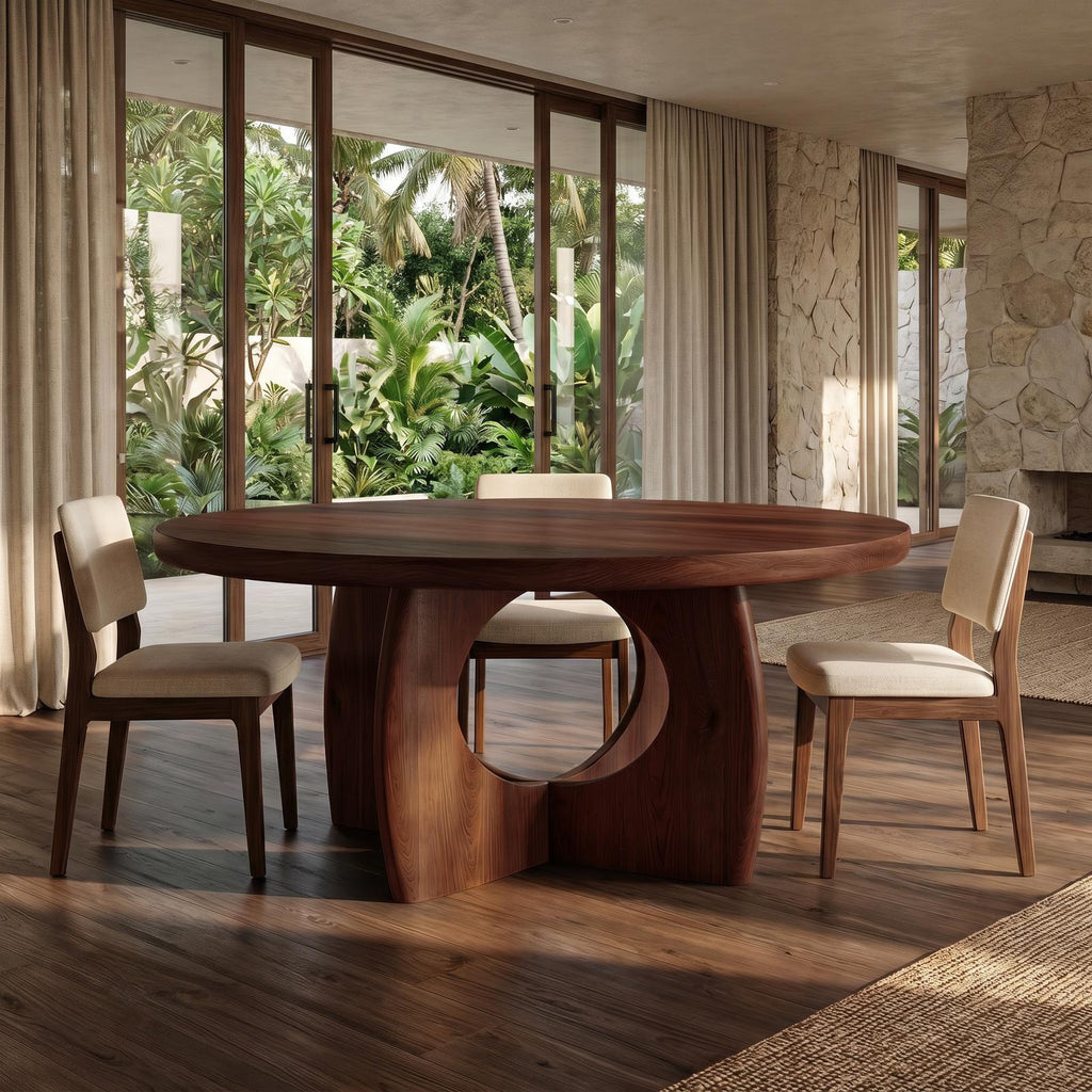 Organic Round Dining Table with Cutout Base, Handcrafted Solid Wood Kitchen Dining Room Table