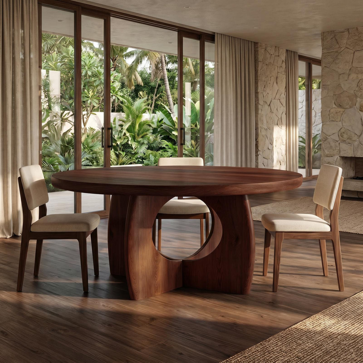 Organic Round Dining Table with Cutout Base, Handcrafted Solid Wood Kitchen Dining Room Table