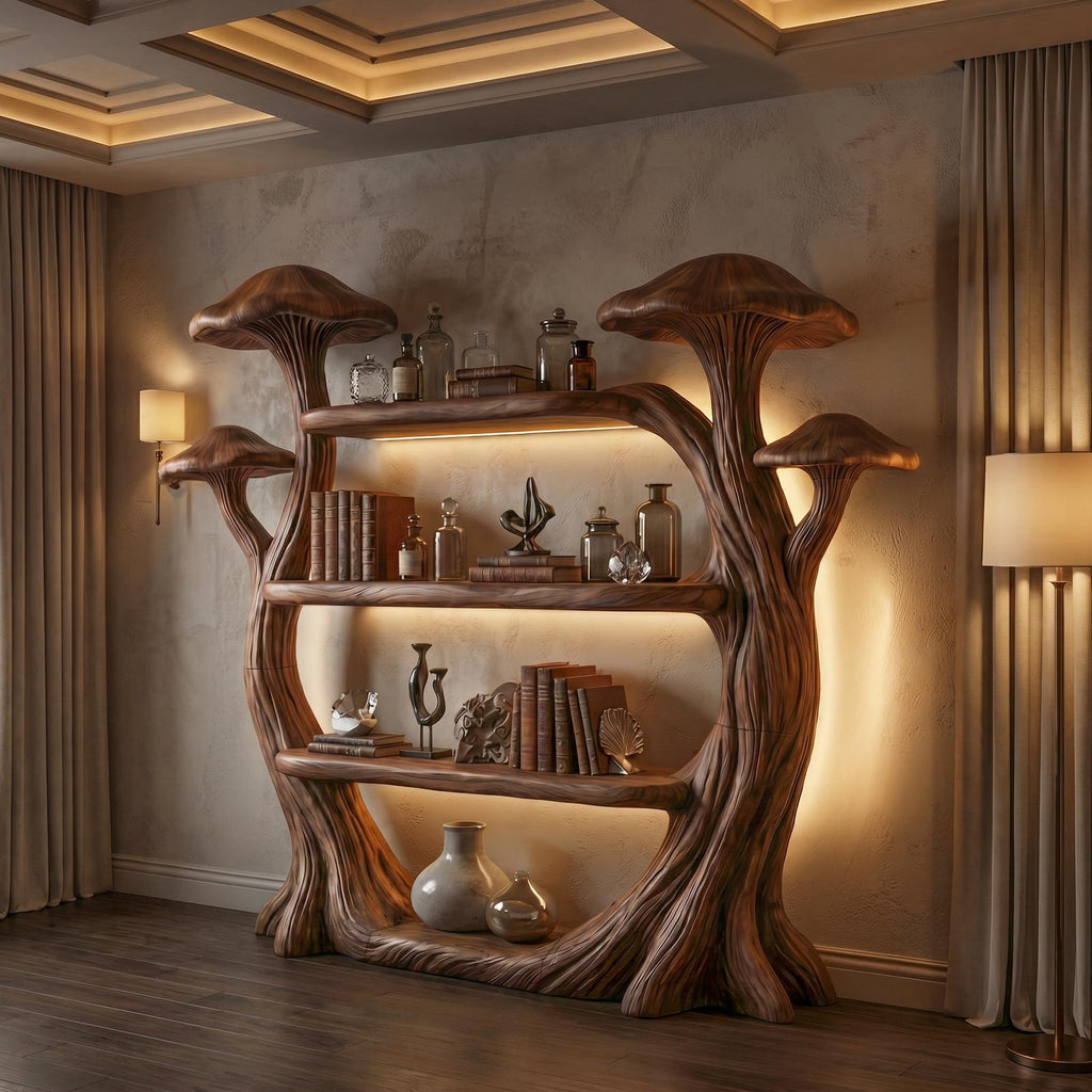 Natural Wood Mushroom Bookcase For Living Room And Reading Room