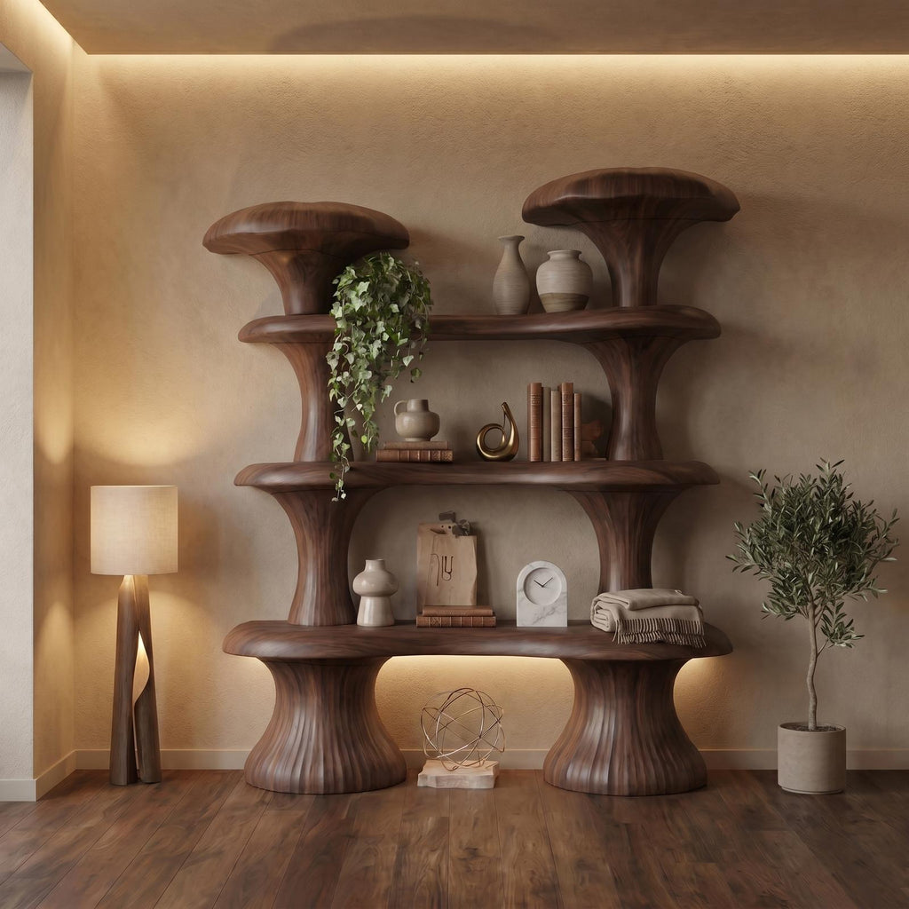 Sculptural Mushroom Wooden Bookcase, Unique Modern Abstract Shelving Unit for Living Room, Bedroom & Reading Nook