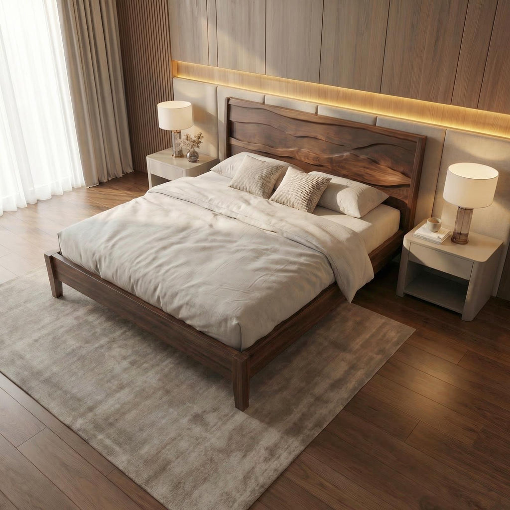 Rustic Natural Wood Bed Frame, Solid Wood Live Edge Platform Bed, Handcrafted Mid-Century Bedroom Furniture