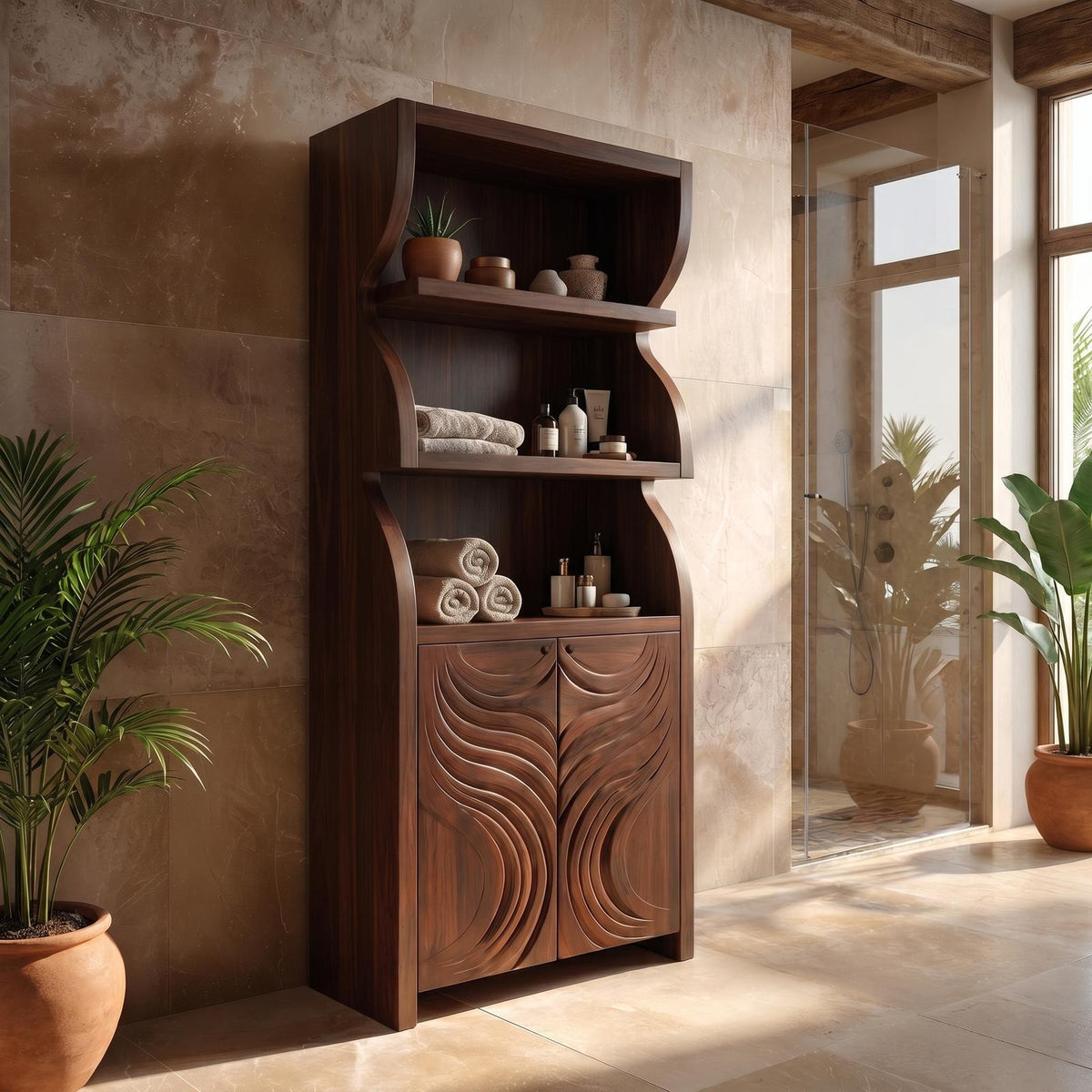 Rustic Organic Bathroom Cabinet, Hand Carved Wooden Doors & Open Shelves Storage Floor Cabinet