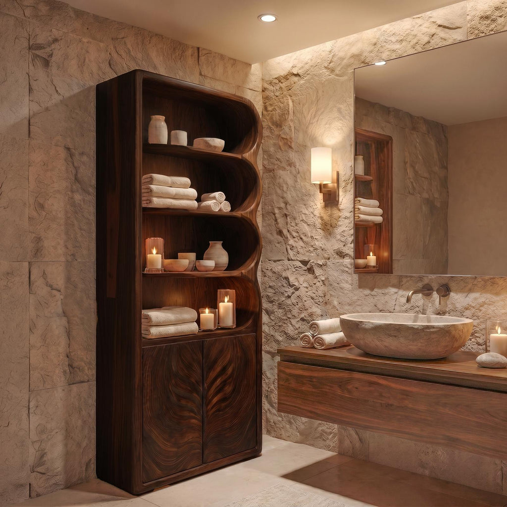 Modern Organic Bathroom Cabinet, Curved Shelves & Carved Wooden Doors Standing Storage Unit