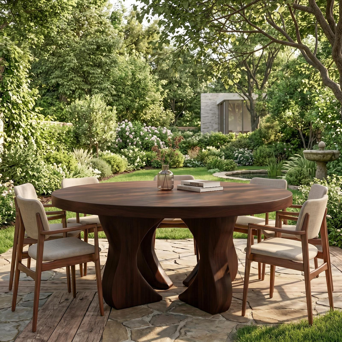 Modern Organic Round Dining Table, Handcrafted Solid Wood Pedestal Kitchen Table for Dining Room