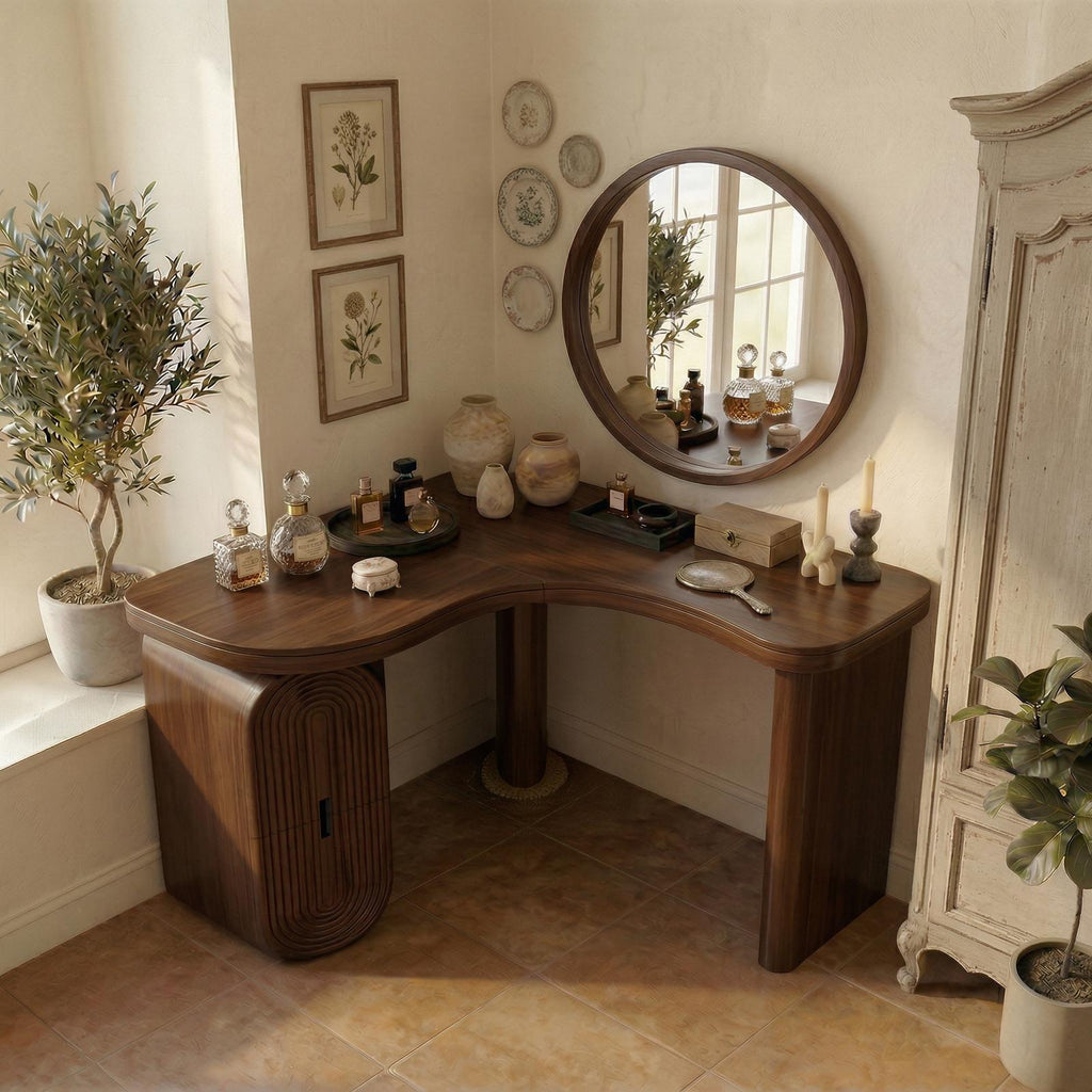 Spry Interior Organic Corner Dressing Table with Storage, Solid Wood Makeup Vanity Desk, Space-Saving Bedroom Vanity, SINLSABDT066