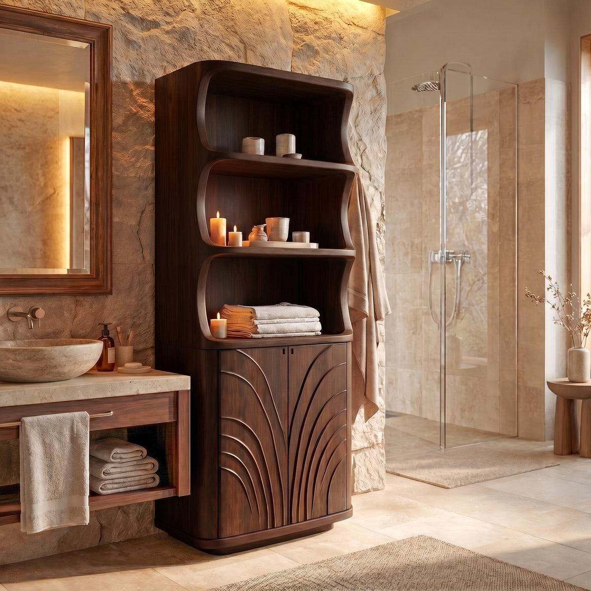 Organic Wood Bathroom Cabinet, Curved Open Shelves & Hand Carved Doors Storage Floor Cabinet