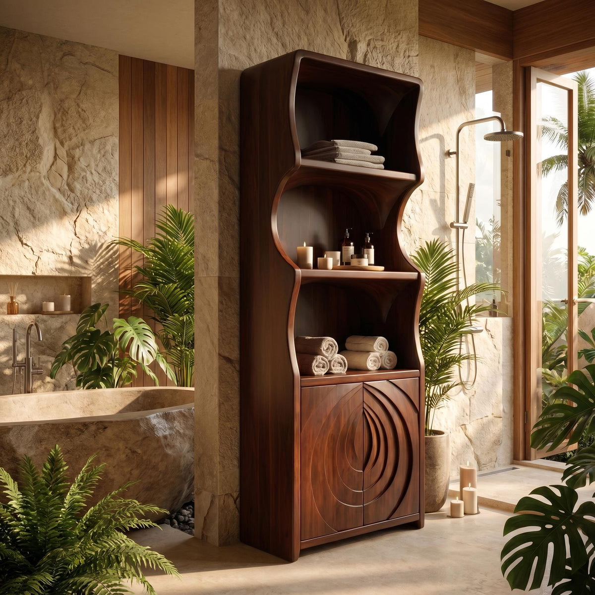 Contemporary Minimalist Bathroom Cabinet, Curved Shelves & Wooden Door Standing Storage Unit