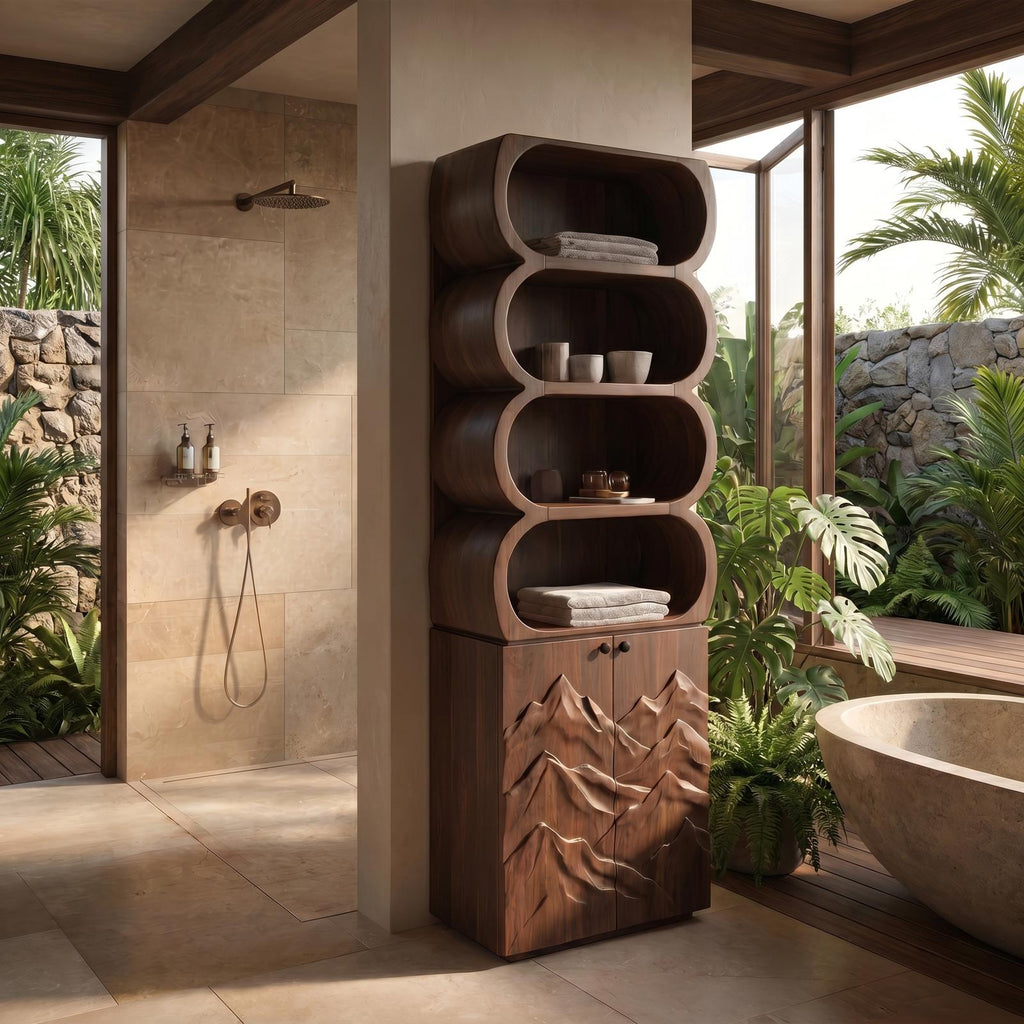 Minimalist Wood Bathroom Cabinet, Rounded Shelves & Sculptural Carved Door Storage Cabinet