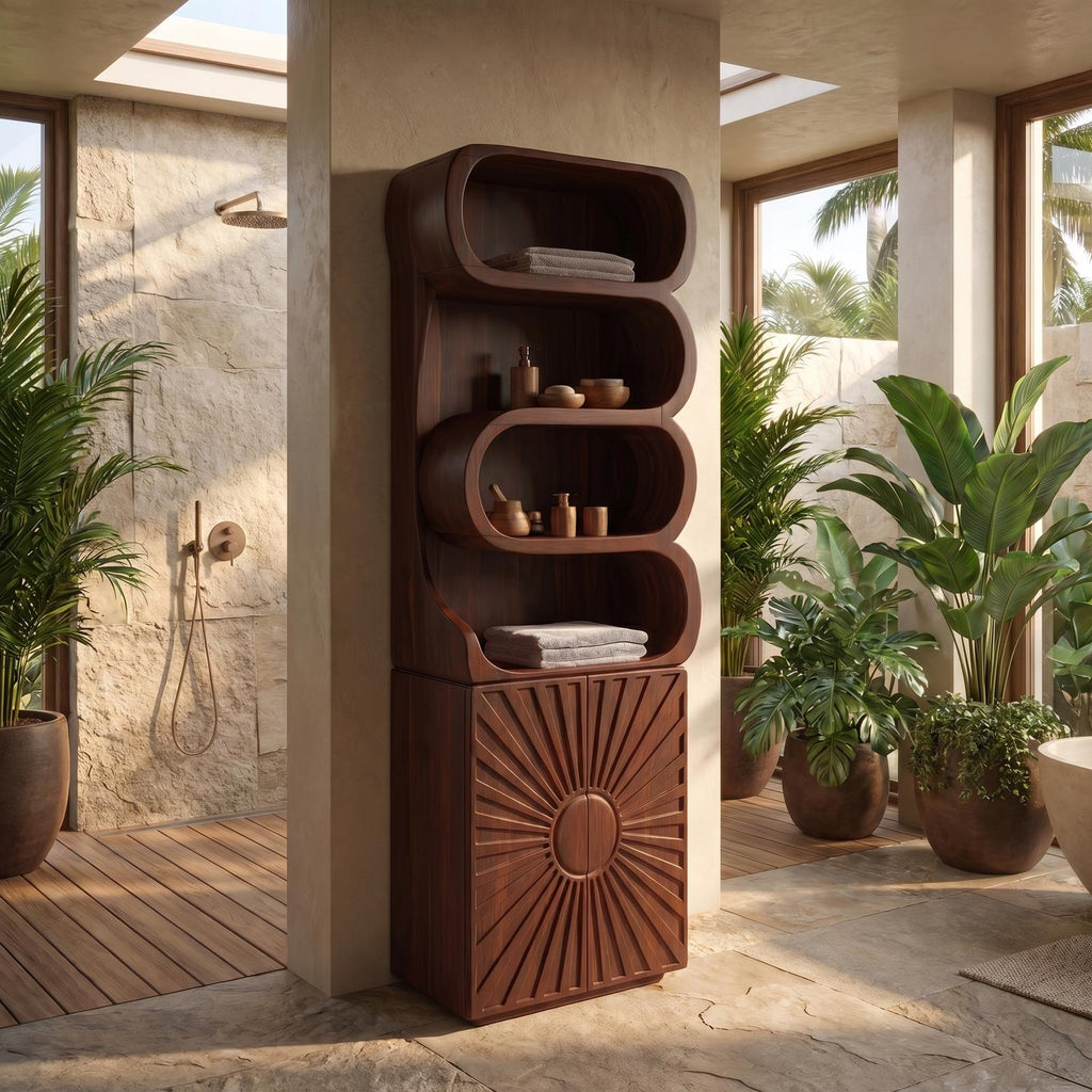Organic Wood Bathroom Cabinet, Open Shelving & Sculptured Hand Carved Door Storage Cabinet