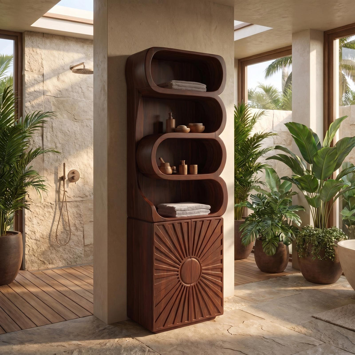 Organic Wood Bathroom Cabinet, Open Shelving & Sculptured Hand Carved Door Storage Cabinet