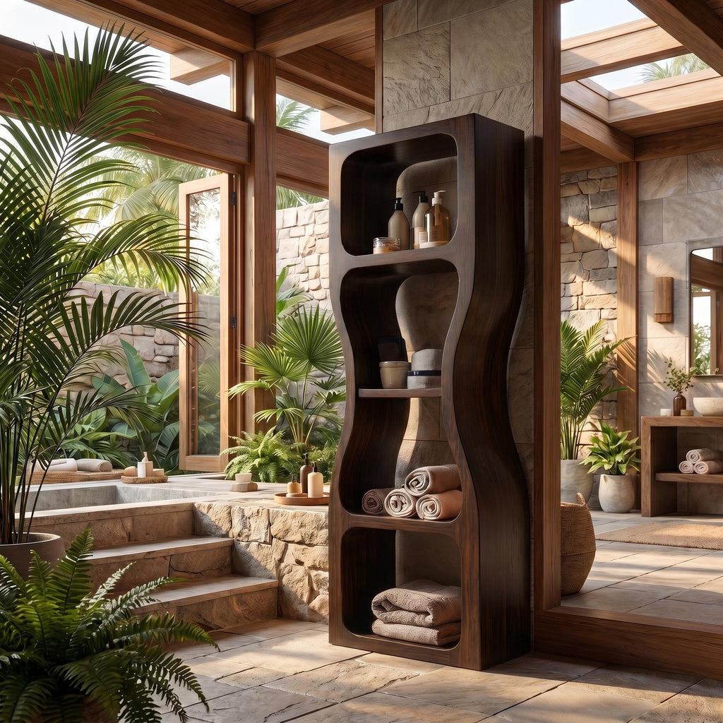 Rustic Modern Bathroom Cabinet, Sculptural Wave Design Wood Storage Cabinet with Open Shelves