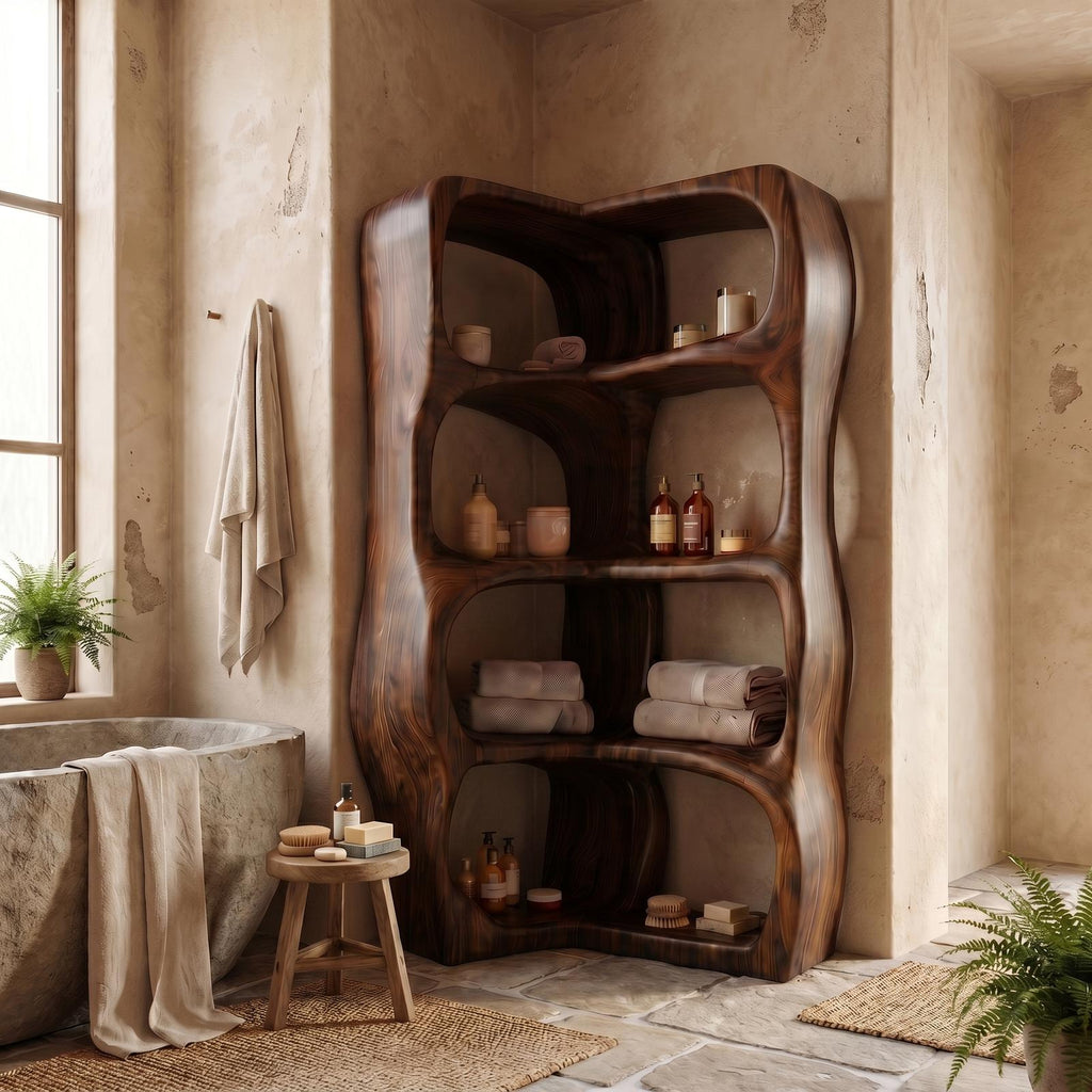 Sculptural Wood Bathroom Cabinet, Freeform Curved Shelves Standing Storage Organizer Cabinet