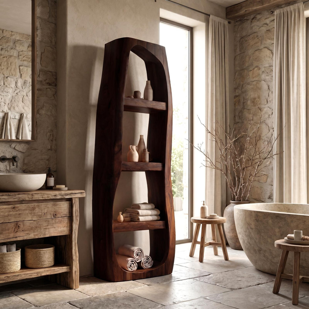 Minimalist Wood Bathroom Cabinet, Curved Arched Floor Storage Cabinet with Shelves & Door