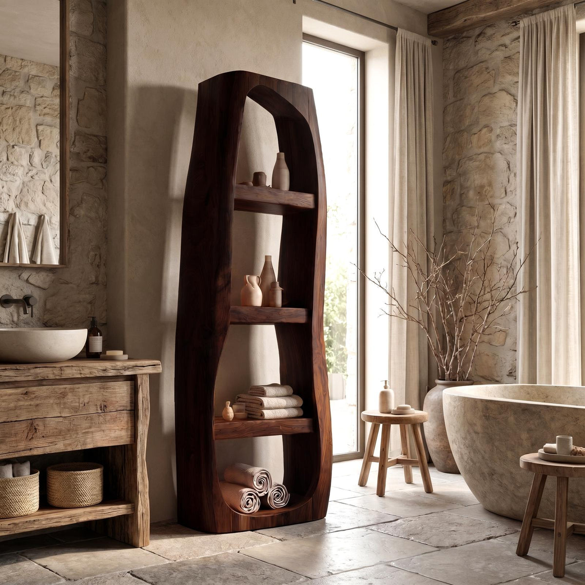 Minimalist Wood Bathroom Cabinet, Curved Arched Floor Storage Cabinet with Shelves & Door