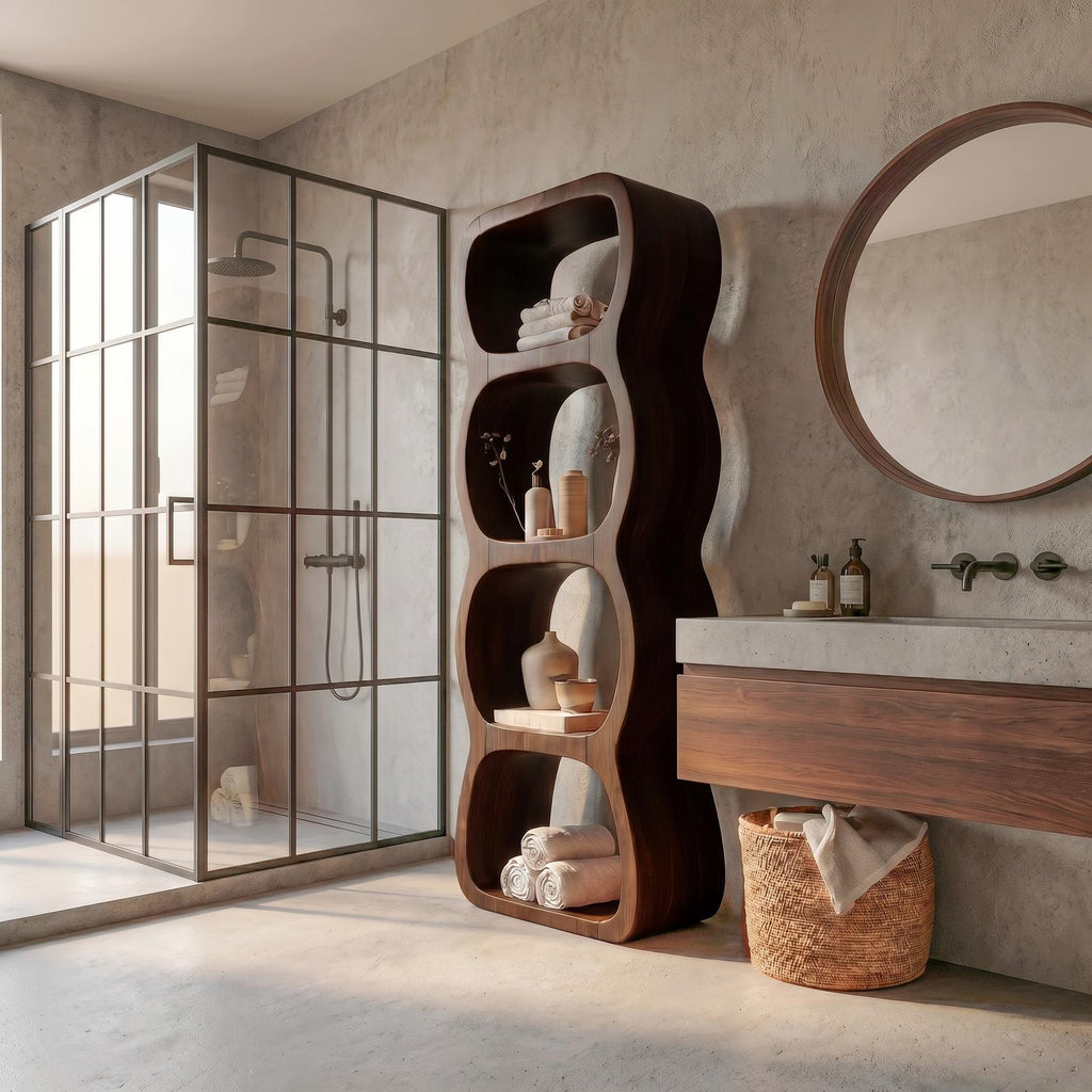 Rustic Bathroom Cabinet With Curved Wave Shape Design