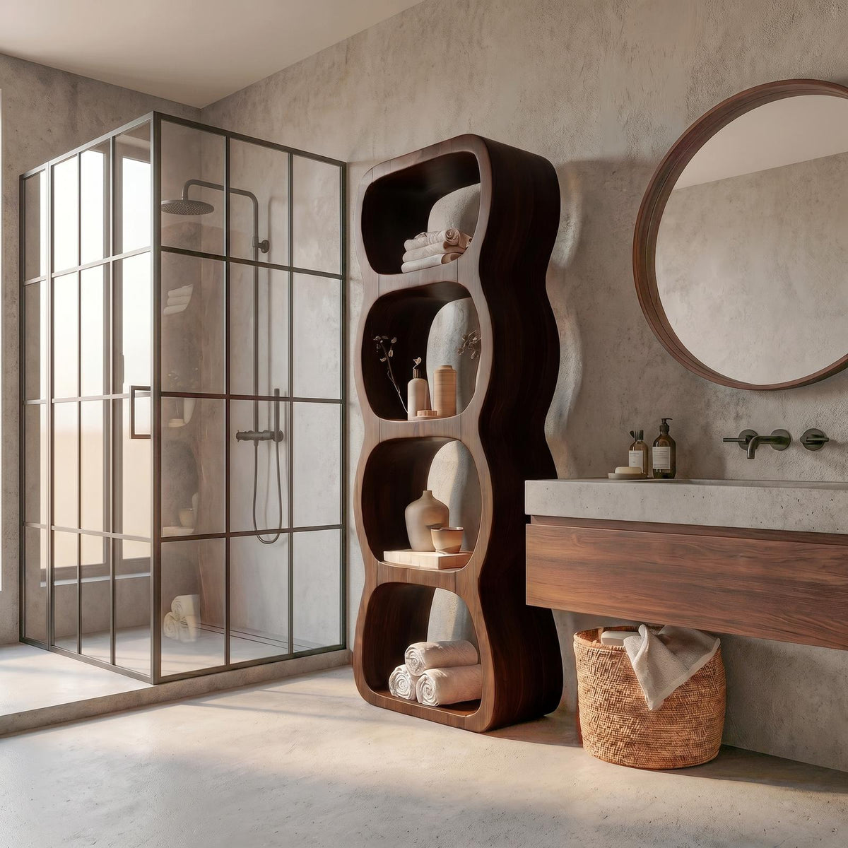Rustic Bathroom Cabinet With Curved Wave Shape Design