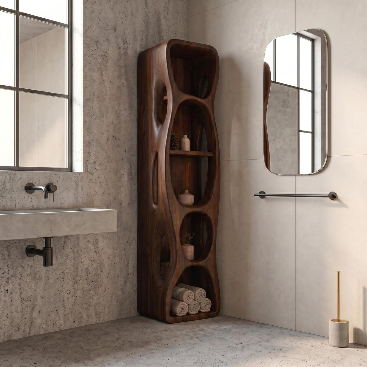 Sculptural Wood Bathroom Cabinet, Hollow Cut Out Design Vanity Storage Unit with Open Shelving