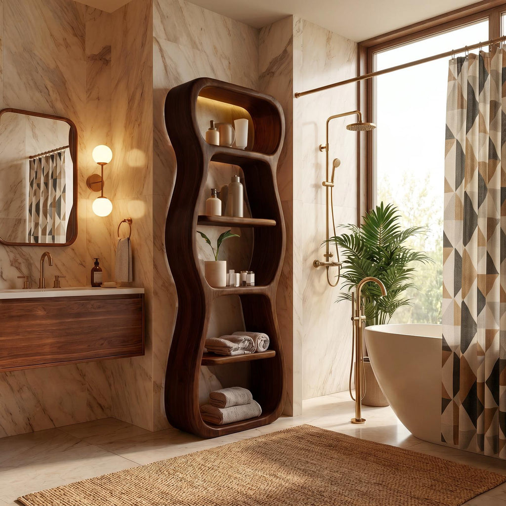Contemporary Bathroom Storage Cabinet, Sculptural Wood Shape Floor Standing Cabinet with Shelves