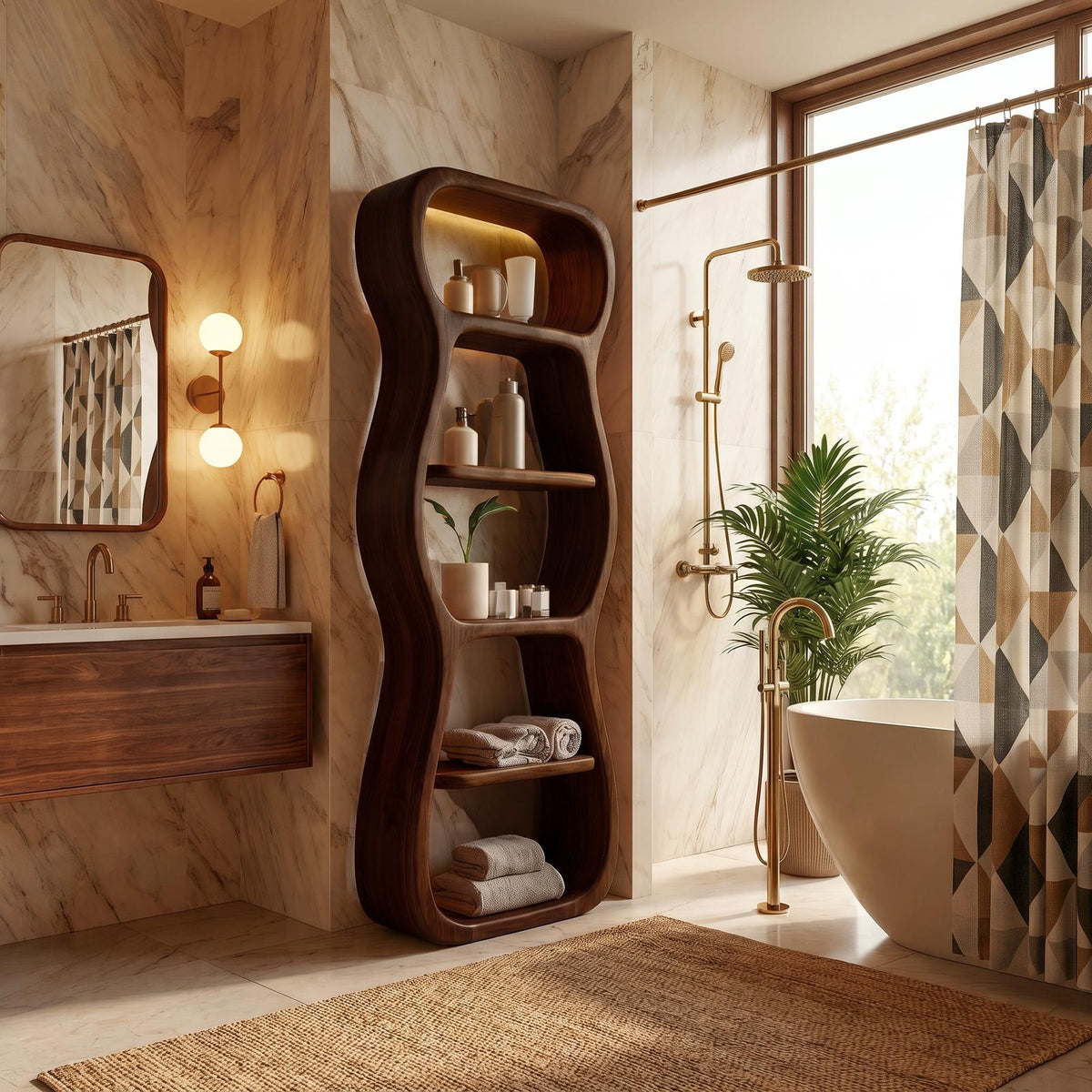 Contemporary Bathroom Storage Cabinet, Sculptural Wood Shape Floor Standing Cabinet with Shelves