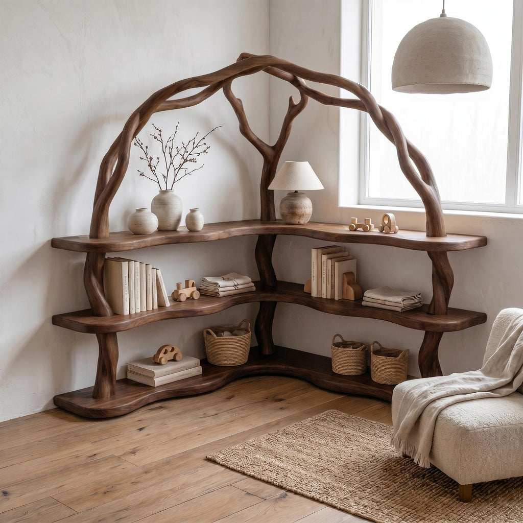 Organic Corner Bookcase with Natural Tree Branch Frame, Solid Wood Bookshelf for Living Room & Bedroom