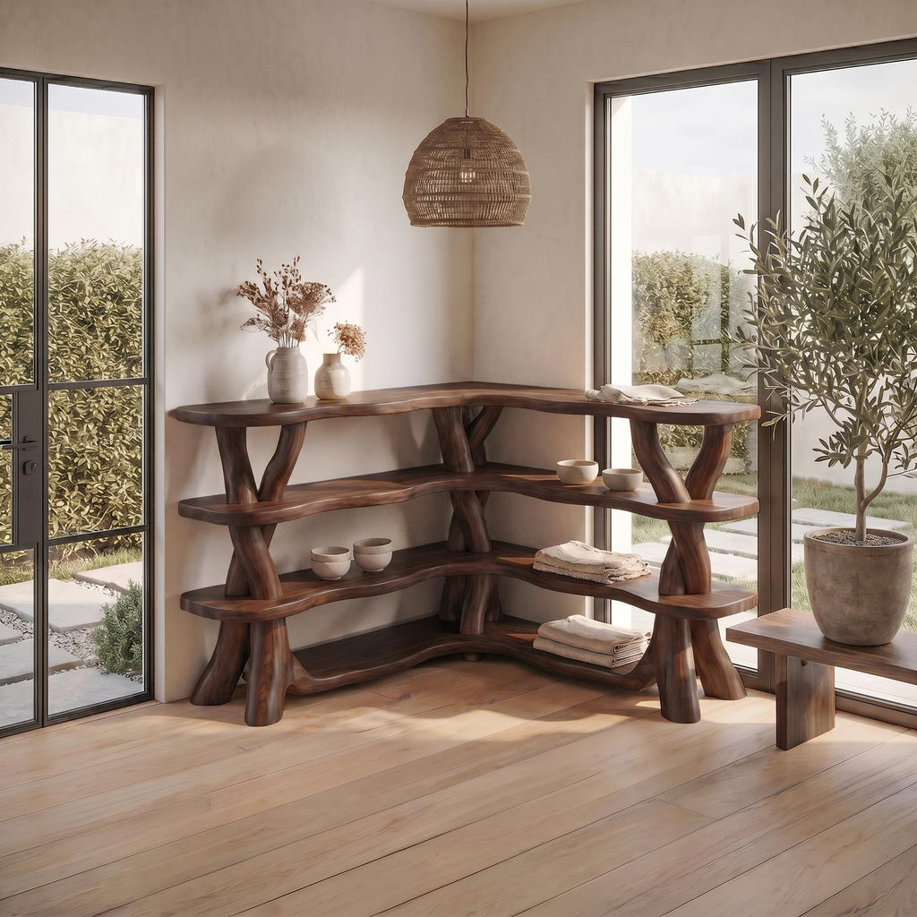 Spry Interior Rustic Organic Corner Bookshelf, Unique Tree Branch Wooden Bookcase for Living Room and Bedroom, SINLSABS017