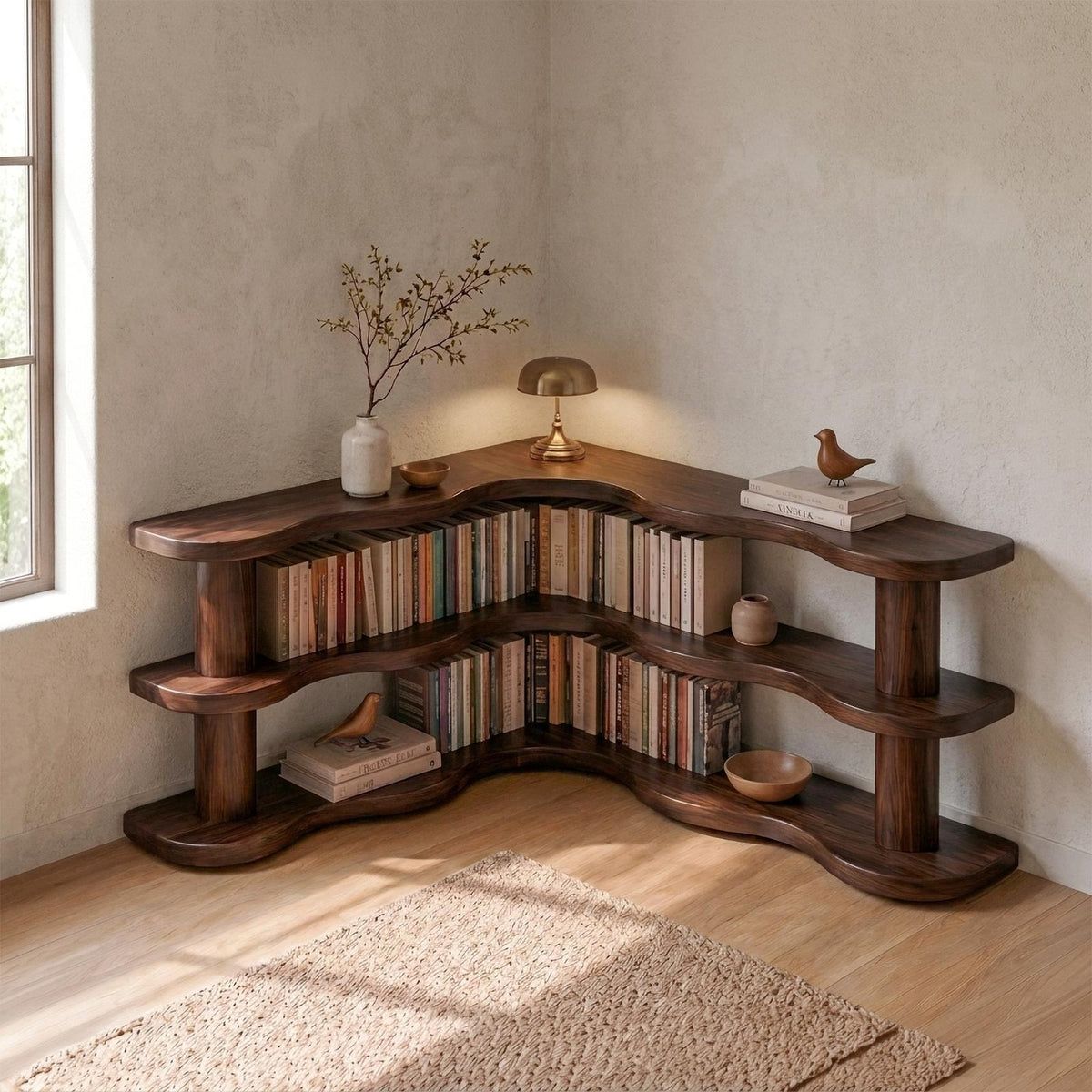 Rustic Modern Corner Bookshelf, Multi-Tier Solid Wood Bookcase Display for Living Room & Bedroom