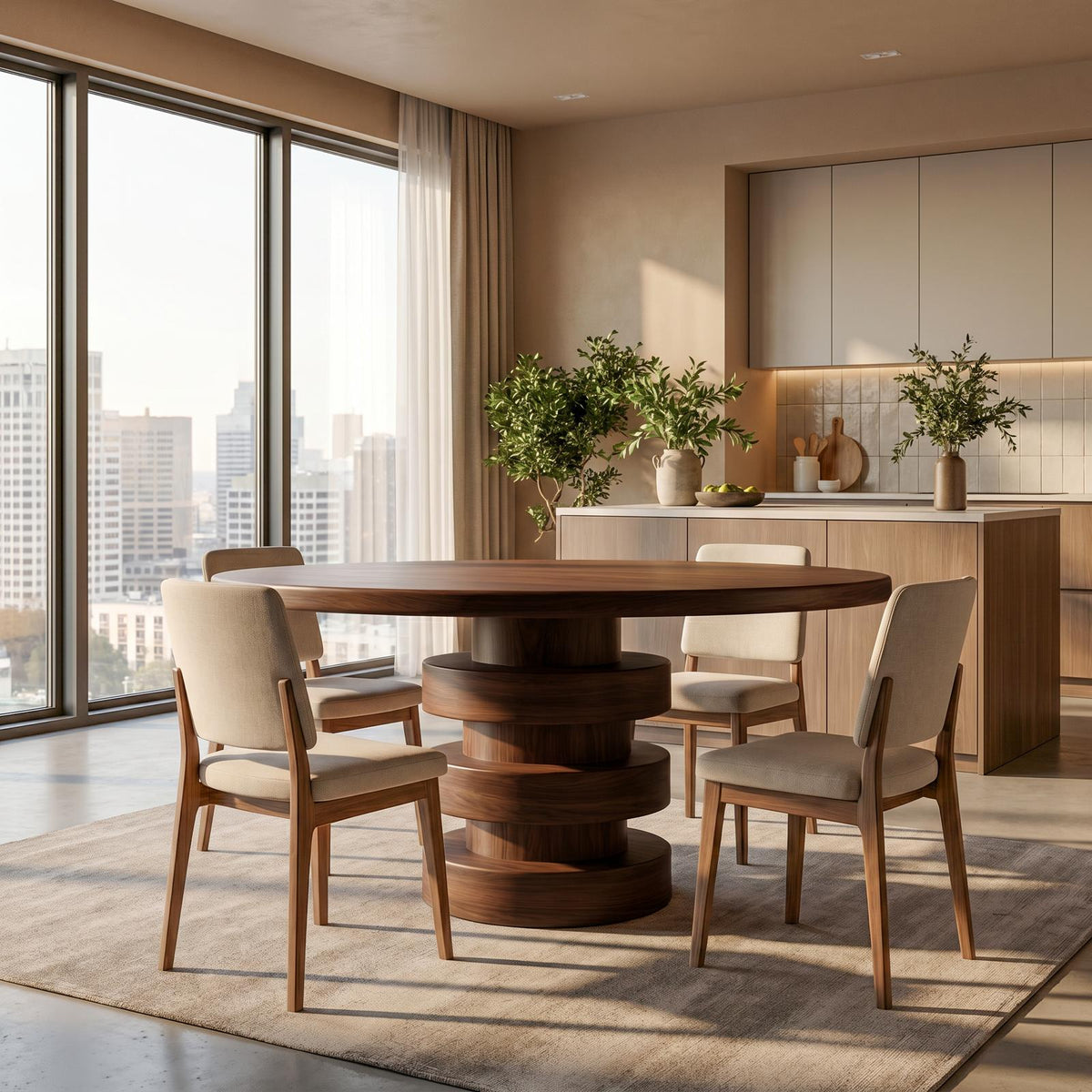 Minimalist Round Dining Table, Sculptural Solid Wood Base Kitchen Table for Modern Dining Room