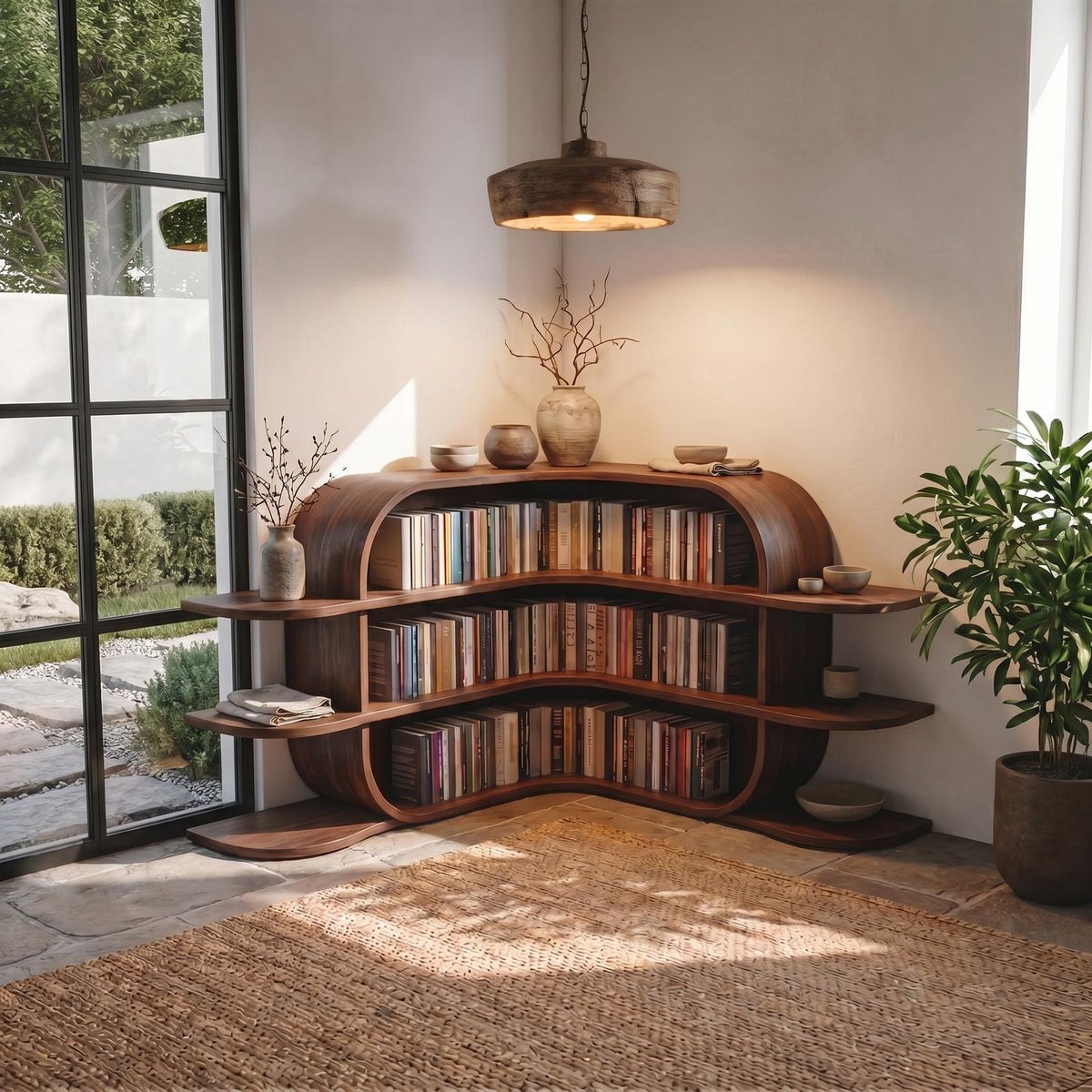 Scandinavian Arched Corner Bookshelf, Multi-Tier Wooden Bookcase Display for Living Room & Bedroom