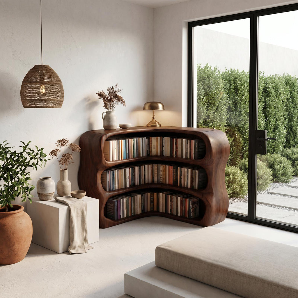 Modern Curved Bookshelf, Sculptural Wooden Open Shelf Bookcase Display for Living Room & Bedroom