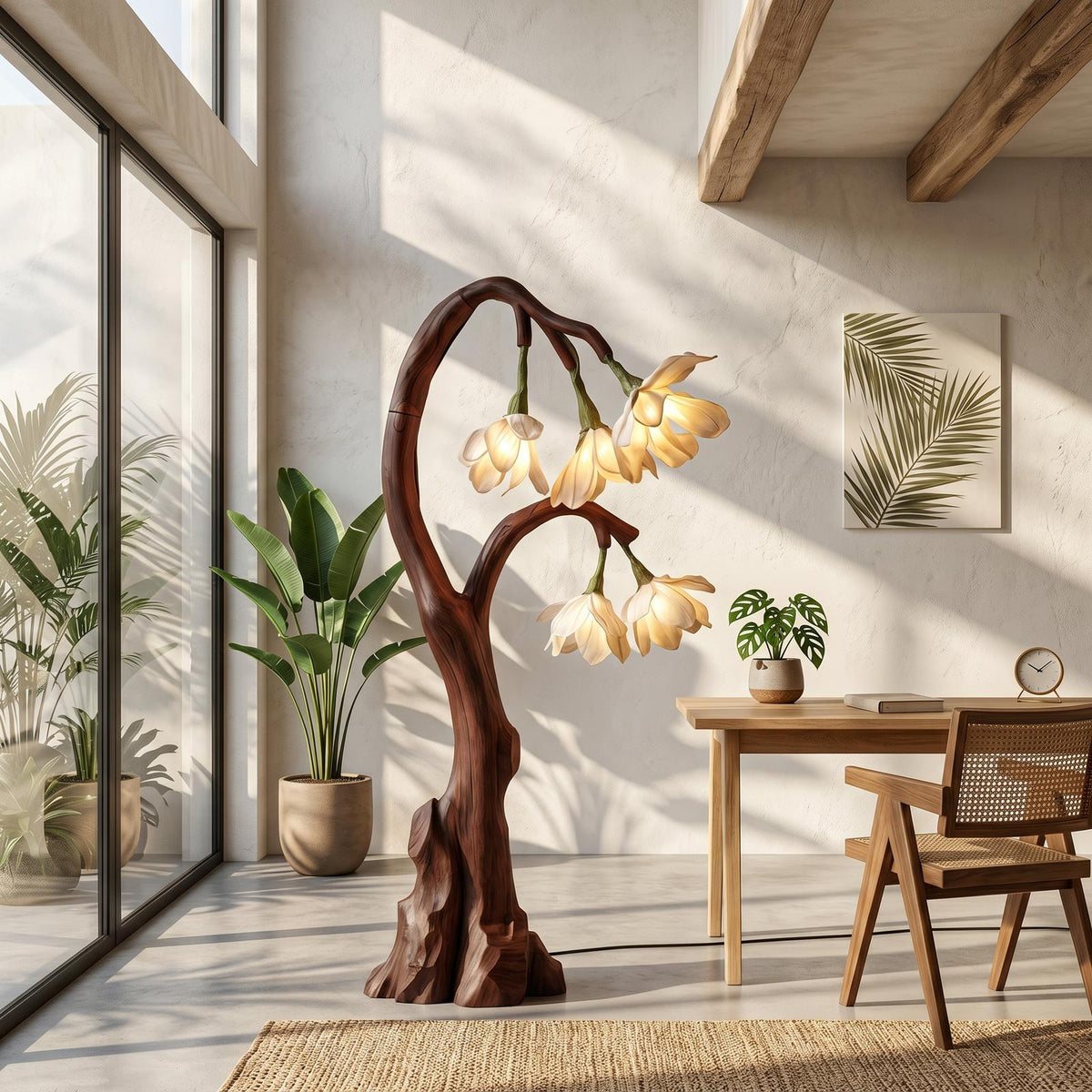 Artistic Floral Floor Lamp with Natural Wood Base, Aesthetic Standing Flower Light for Living Room, Model
