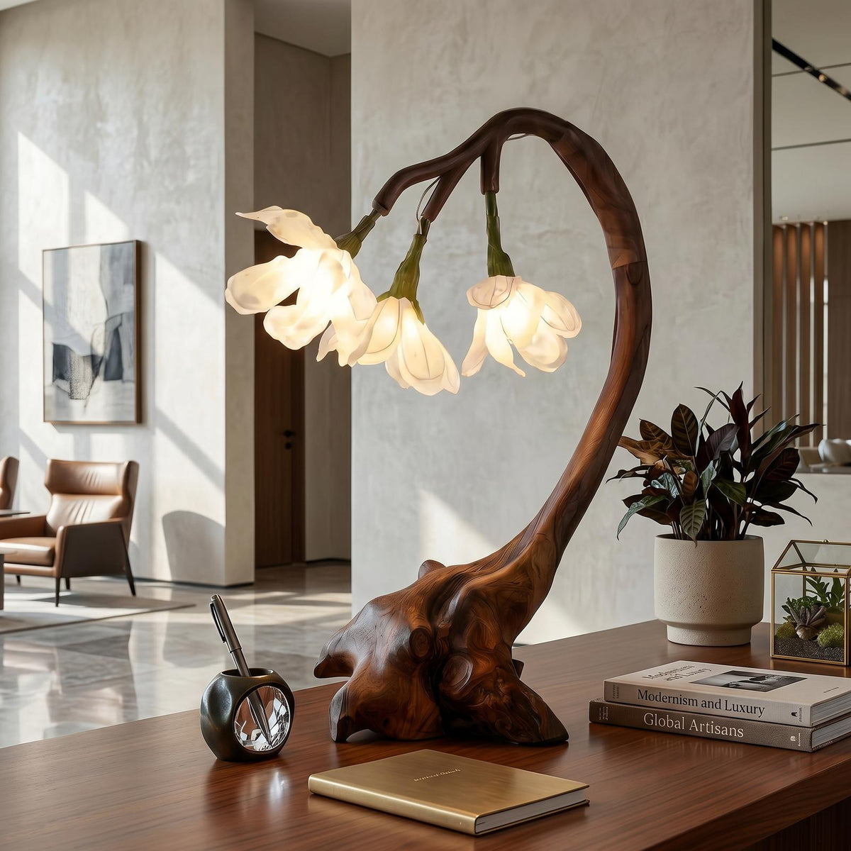 Organic Flower Table Lamp, Sculptural Solid Wood Base Bedside Reading Light for Living Room & Bedroom