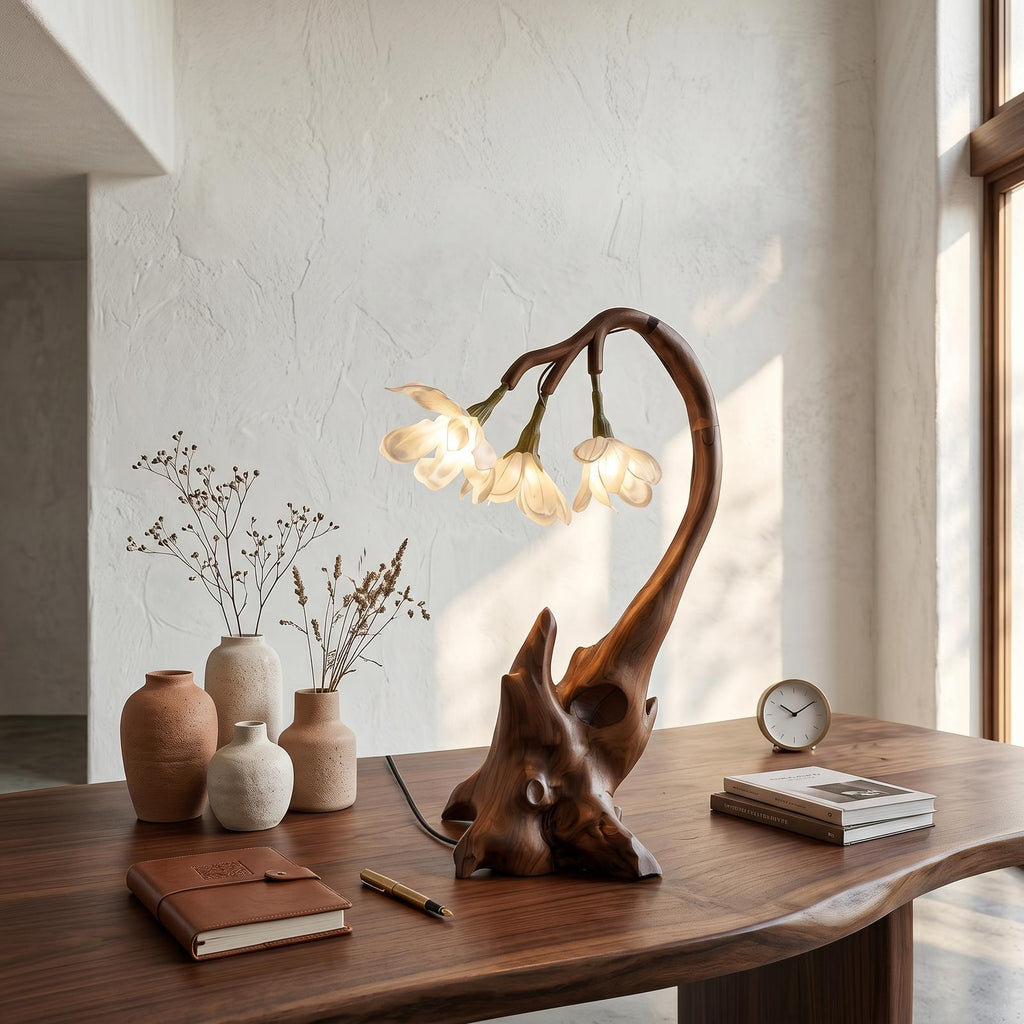 Modern Floral Table Lamp With Sculptural Wood Base For Living Room