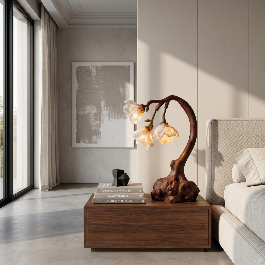 Minimalist Floral Table Lamp, Organic Solid Wood Base Bedside Accent Light for Living Room and Bedroom