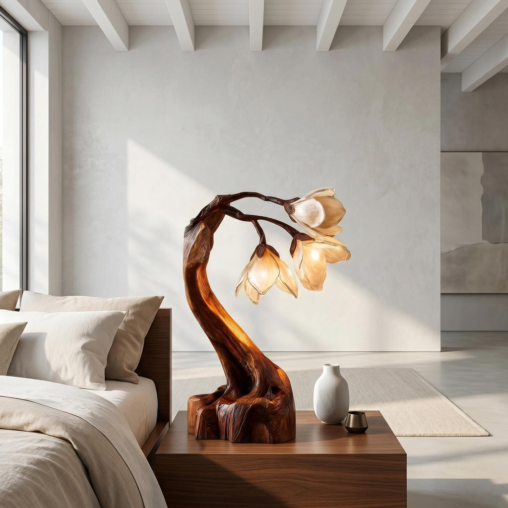 Organic Floral Table Lamp, Handcrafted Sculptural Solid Wood Base Accent Light for Bedroom & Living Room Nightstand