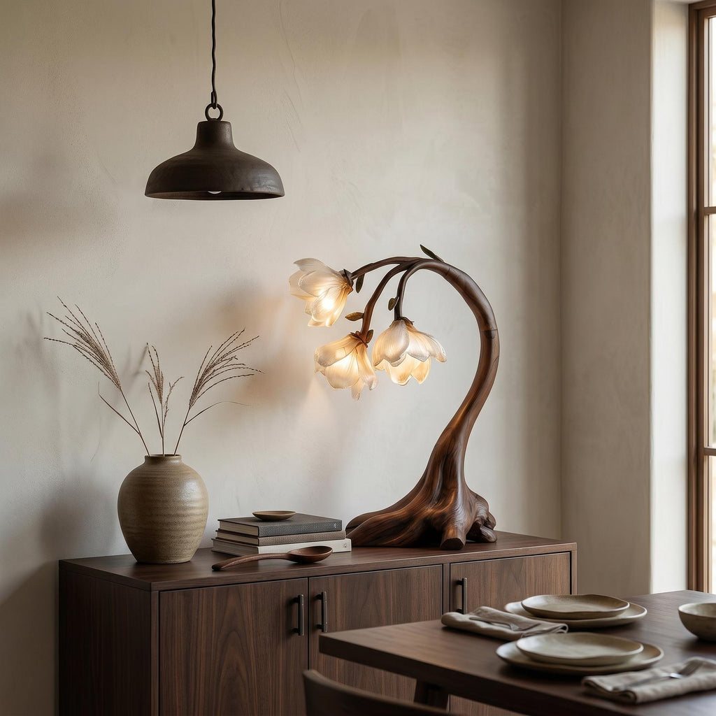 Rustic Floral Table Lamp, Handcrafted Sculptural Driftwood Base Nightstand Light for Living Room & Bedroom